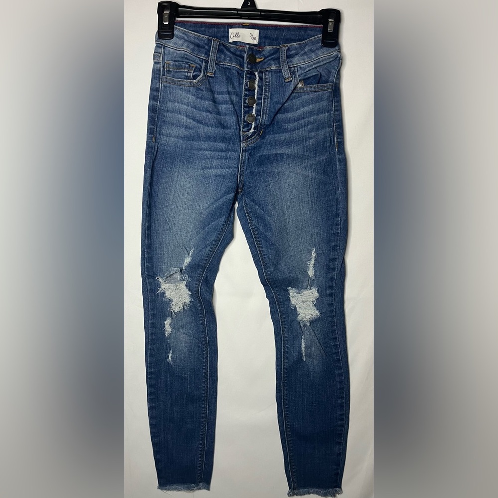 Cello Women's Distressed Skinny Jeans - Blue button up